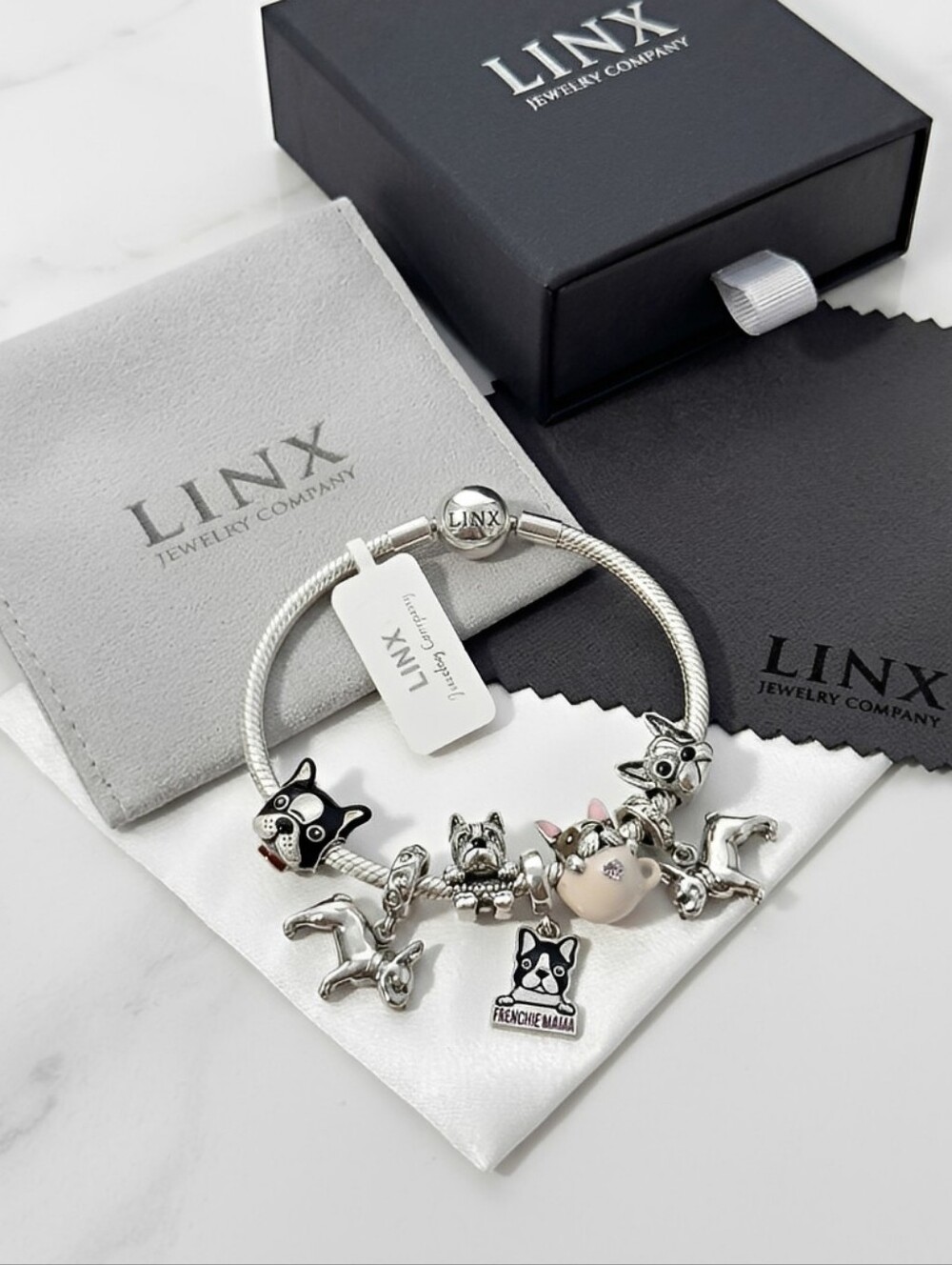 Linx Snake Chain Bracelet with Pink French Bulldog Themed Charms